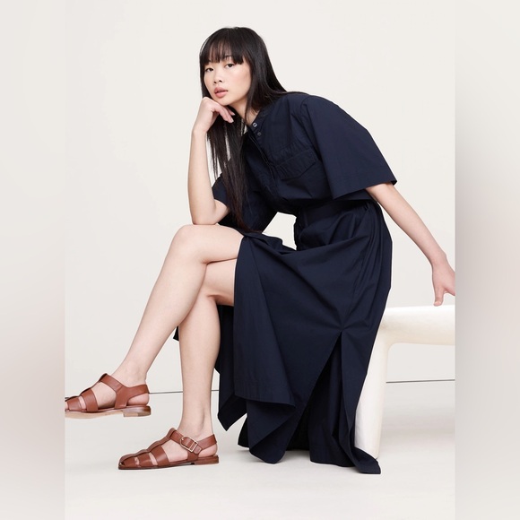 Banana Republic stylish cotton poplin Navy Belted Midi Dress - Picture 3 of 5